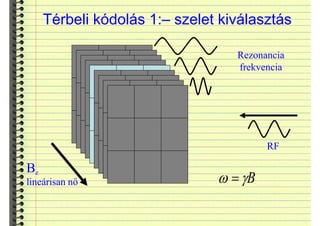 Térbeli kódolás 1:– szelet kiválasztás
Bz
lineárisan nő
RF
Rezonancia
frekvencia
BJZ
 