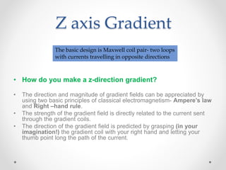 Z axis Gradient
• How do you make a z-direction gradient?
• The direction and magnitude of gradient fields can be appreciated by
using two basic principles of classical electromagnetism- Ampere’s law
and Right –hand rule.
• The strength of the gradient field is directly related to the current sent
through the gradient coils.
• The direction of the gradient field is predicted by grasping (in your
imagination!) the gradient coil with your right hand and letting your
thumb point long the path of the current.
The basic design is Maxwell coil pair- two loops
with currents travelling in opposite directions
 
