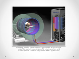 Complete gradient system showing coils mounted along the inner
bore of the scanner driven by powerful current amplifiers and
cooled by water chillers in the gradient MR equipment room
 