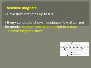 Resistive magnets
• Have field strengths up to 0.3T
• Every conductor shows resistance flow of current
So needs more current to be applied to create
a static magnetic field.
 