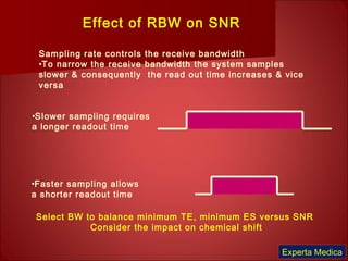 88
Effect of RBW on SNR
Sampling rate controls the receive bandwidth
•To narrow the receive bandwidth the system samples
slower & consequently the read out time increases & vice
versa
•Slower sampling requires
a longer readout time
•Faster sampling allows
a shorter readout time
Select BW to balance minimum TE, minimum ES versus SNR
Consider the impact on chemical shift
Experta Medica
 