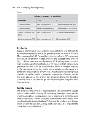 126  MRI Made Easy (For Beginners)
Differences between 1.5T and 3T MRI
Parameters 1.5 T 3T
T1 relaxation time Less as compared to 3T T1 is increased by ~25% at 3T
T2 relaxation time More as compared to 3T T2 is reduced at 3T by ~10-15%
Specific Absorption rate
(SAR)
Less as compared to 3T SAR is increased fourfold at 3T
Signal-to-noise ratio (SNR) Less as compared to 3T SNR is doubled at 3T
Artifacts	
Because of increased susceptibility, chemical shifts and difficulty to
achieve homogeneous field at 3T, generally there are more artifacts at
3T as compared to 1.5T. Flow artifacts from vessels and CSF, movement
artifacts, chemical shift-related artifacts and susceptibility artifacts
(Fig. 13.1) are more commonly seen at 3T. Standing wave occurs at
high field strength from reflection of RF waves at high conductivity
gradient surfaces such as abdominal or chest wall resulting into
artifactual signal reduction in the intermediate area between the
center and the periphery of FOV. This artifact is called standing wave
or dielectric artifact and it is increased in presence of metals, ascites
and large abdomen. This artifact can be reduced by using dielectric
cushions such as ultrasound gel and improving the magnetic field
homogeneity.
Safety Issues
SAR is increased fourfold at 3T as compared to 1.5T. Some of the ways to
reduce SAR include increasing TR, decreasing flip angle, use of parallel
imaging, using bore fan to prevent excess heating and minimizing use
of saturation band.There is increased potential of harmful effects from
metal and implants in the body at 3T. Some of the implants and devices
which are safe to scan at 1.5T may not be safe at 3T. It is important to
check their compatibility at 3T.
Contd...
Ch-13.indd 126 13-09-2012 16:12:42
 