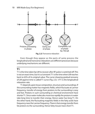 10  MRI Made Easy (For Beginners)
	 Even though they appear as the parts of same process the
longitudinal and transverse relaxations are different processes because
underlying mechanisms are different.
T1
T1 is the time taken by LM to recover after RF pulse is switched off.This
is not an exact time, but it is a‘constant’.T1 is the time when LM reaches
back to 63% of its original value. The curve showing gradual recovery
of LM against time is called T1 curve (Fig. 2.3). 1/T1 is the longitudinal
relaxation rate.
	 T1dependsupontissue composition,structureandsurroundings.If
the surrounding matter has magnetic fields, which fluctuate at Larmor
frequency, transfer of energy from protons to the surrounding is easy
and fast. Protons in such surrounding or chemical environment have
shorterT1. Since water molecules move too rapidly the protons in water
take long time to transfer their energy. Hence water has long T1. On
the other hand, the fluctuating magnetic fields in the fatty acids have
frequency near the Larmor frequency.There is fast energy transfer from
fat protons to the surrounding. Hence fatty tissues have short T1.
Fig. 2.2: Transverse relaxation
Ch-2.indd 10 13-09-2012 15:52:33
 