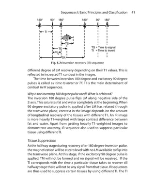 41 Sequences I: Basic Principles and Classification
different degree of LM recovery depending on their T1 values. This is
reflected in increased T1 contrast in the images.
	 The time between inversion 180 degree and excitatory 90 degree
pulses is called as ‘time to invert or TI’. TI is the main determinant of
contrast in IR sequences.
Why is the inverting 180 degree pulse used? What is achieved?
The inversion 180 degree pulse flips LM along negative side of the
Z-axis. This saturates fat and water completely at the beginning. When
90 degree excitatory pulse is applied after LM has relaxed through
the transverse plane, contrast in the image depends on the amount
of longitudinal recovery of the tissues with different T1. An IR image
is more heavily T1-weighted with large contrast difference between
fat and water. Apart from getting heavily T1-weighted images to
demonstrate anatomy, IR sequence also used to suppress particular
tissue using different TI.
Tissue Suppression
At the halfway stage during recovery after 180 degree inversion pulse,
the magnetization will be at zero level with no LM available to flip into
the transverse plane. At this stage, if the excitatory 90 degree pulse is
applied, TM will not be formed and no signal will be received. If the
TI corresponds with the time a particular tissue takes to recover till
halfway stage there will not be any signal from that tissue. IR sequences
are thus used to suppress certain tissues by using different TI. The TI
Fig. 5.7: Inversion recovery (IR) sequence
Ch-5.indd 41 13-09-2012 15:58:20
 