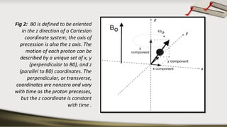 Fig 2: B0 is defined to be oriented
in the z direction of a Cartesian
coordinate system; the axis of
precession is also the z axis. The
motion of each proton can be
described by a unique set of x, y
(perpendicular to B0), and z
(parallel to B0) coordinates. The
perpendicular, or transverse,
coordinates are nonzero and vary
with time as the proton precesses,
but the z coordinate is constant
with time .
 