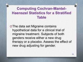 36
Computing Cochran-Mantel-
Haenszel Statistics for a Stratified
Table
OThe data set Migraine contains
hypothetical data for a clinical trial of
migraine treatment. Subjects of both
genders receive either a new drug
therapy or a placebo. Assess the effect of
new drug adjusting for gender.
 