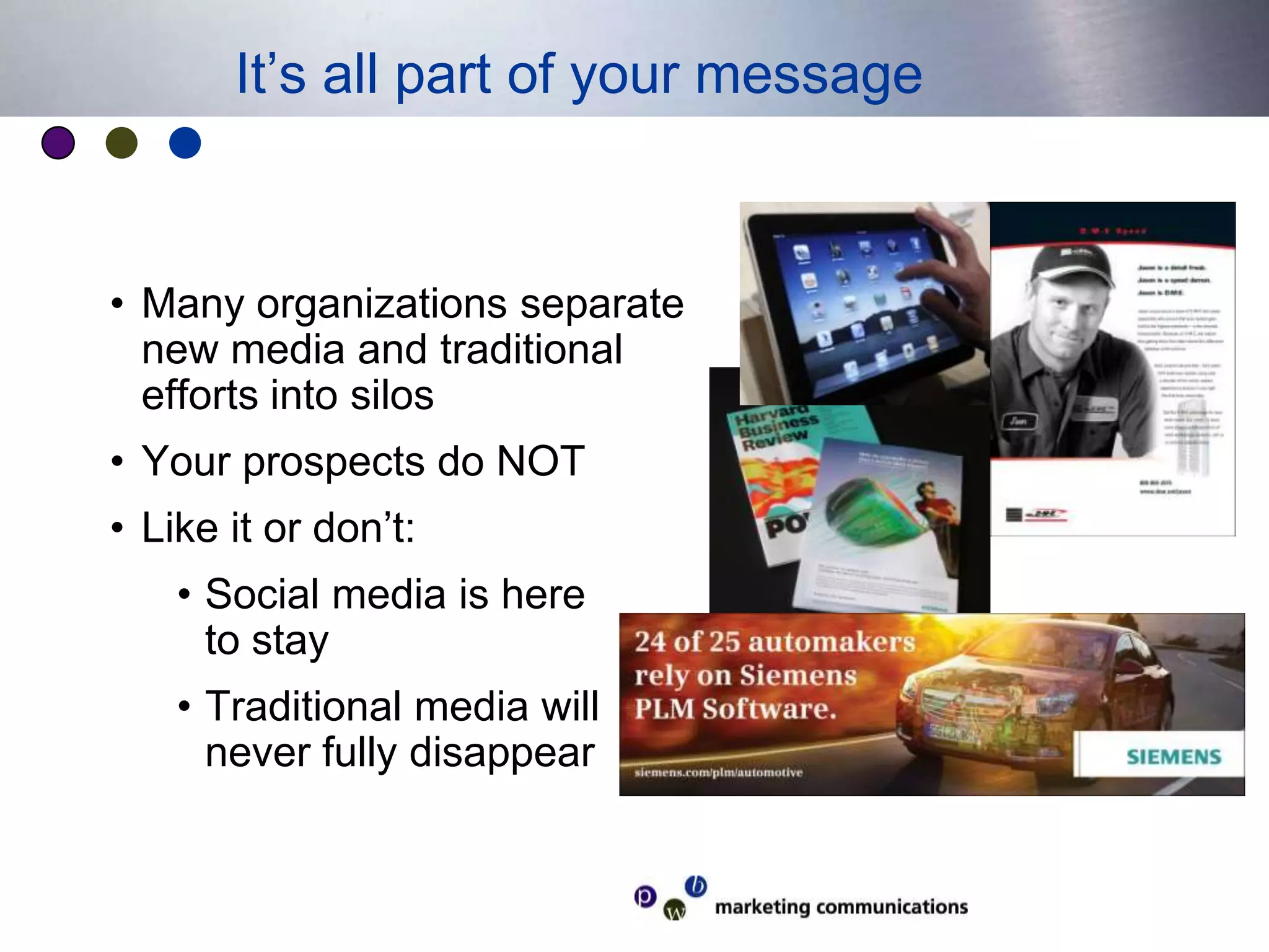 It’s all part of your messageMany organizations separate new media and traditional efforts into silosYour prospects do NOTLike it or don’t:Social media is here to stayTraditional media will never fully disappear