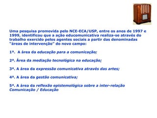Uma pesquisa promovida pelo NCE-ECA/USP, entre os anos de 1997 e 1999, identificou que a ação educomunicativa realiza-se através do trabalho exercido pelos agentes sociais a partir das denominadas “áreas de intervenção” do novo campo: 1ª.  A área da  educação para a comunicação; 2ª. Área da  mediação tecnológica na educação;   3ª. A área da  expressão comunicativa através das artes; 4ª. A área da  gestão comunicativa; 5ª. A área da  reflexão epistemológica sobre a inter-relação Comunicação / Educação  