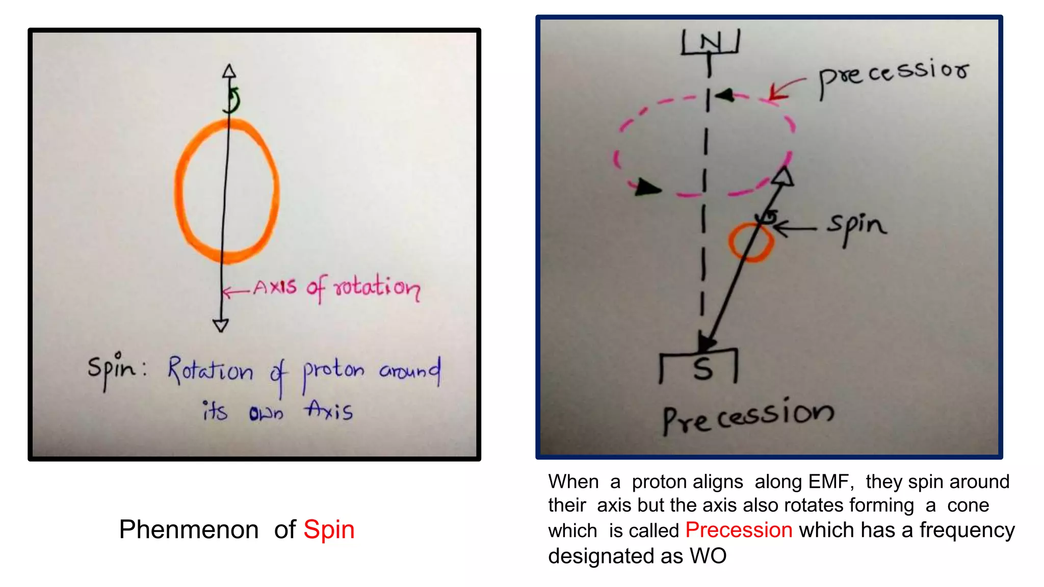 When a proton aligns along EMF, they spin around
their axis but the axis also rotates forming a cone
which is called Precession which has a frequency
designated as WO
Phenmenon of Spin
 