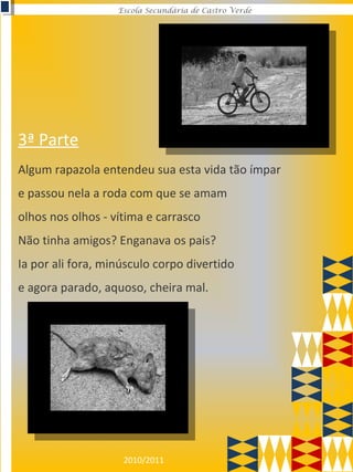 2010/2011
Escola Secundária de Castro Verde
Algum rapazola entendeu sua esta vida tão ímpar
e passou nela a roda com que se amam
olhos nos olhos - vítima e carrasco
Não tinha amigos? Enganava os pais?
Ia por ali fora, minúsculo corpo divertido
e agora parado, aquoso, cheira mal.
3ª Parte
 