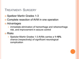 TREATMENT- SURGERY
 Spetlzer Martin Grades 1-3
 Complete resection of AVM in one operation
 Advantages
 immediate elimination of hemorrhage and rehemorrhage
risk, and improvement in seizure control
 Risks
 Spetzler-Martin Grades 1-3 AVMs carries a 1-10%
chance (respectively) of significant neurological
complication
 
