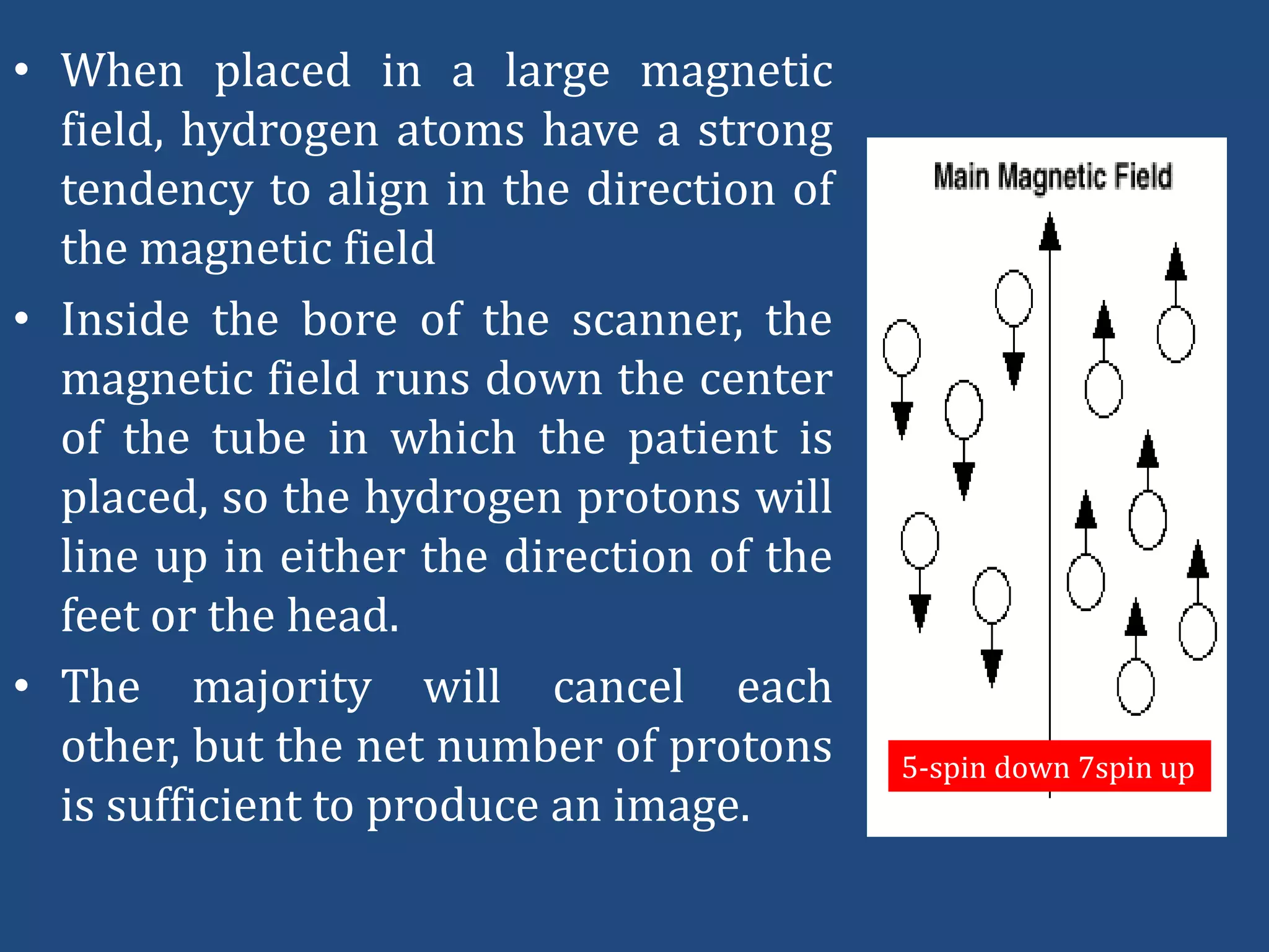 • When placed in a large magnetic
field, hydrogen atoms have a strong
tendency to align in the direction of
the magnetic field
• Inside the bore of the scanner, the
magnetic field runs down the center
of the tube in which the patient is
placed, so the hydrogen protons will
line up in either the direction of the
feet or the head.
• The majority will cancel each
other, but the net number of protons
is sufficient to produce an image.

5-spin down 7spin up

 