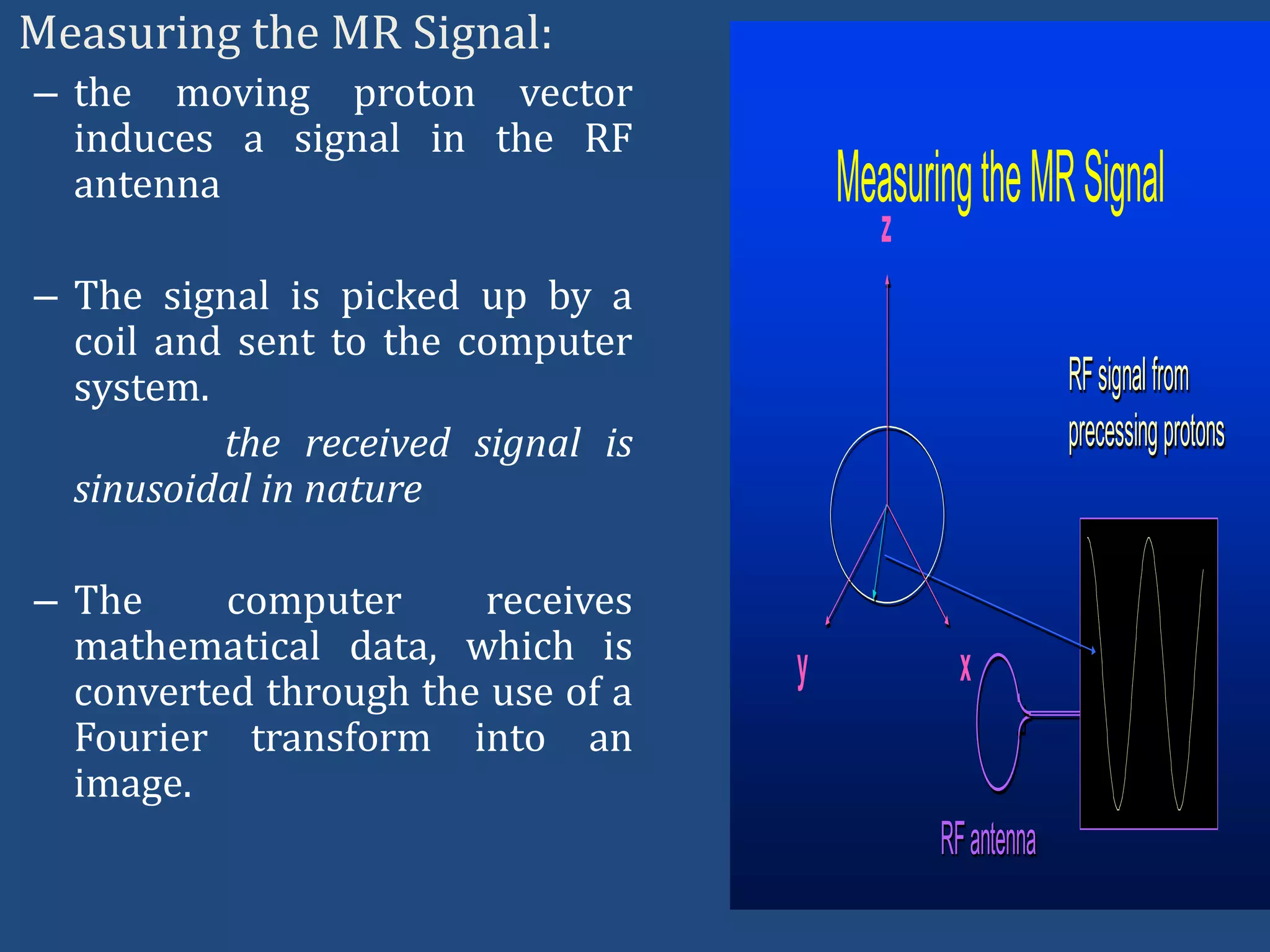Measuring the MR Signal:
– the moving proton vector
induces a signal in the RF
antenna

Measuring the MR Signal
z

– The signal is picked up by a
coil and sent to the computer
system.
the received signal is
sinusoidal in nature
– The
computer
receives
mathematical data, which is
converted through the use of a
Fourier transform into an
image.

RF signal from
precessing protons

y

x

RF antenna

 