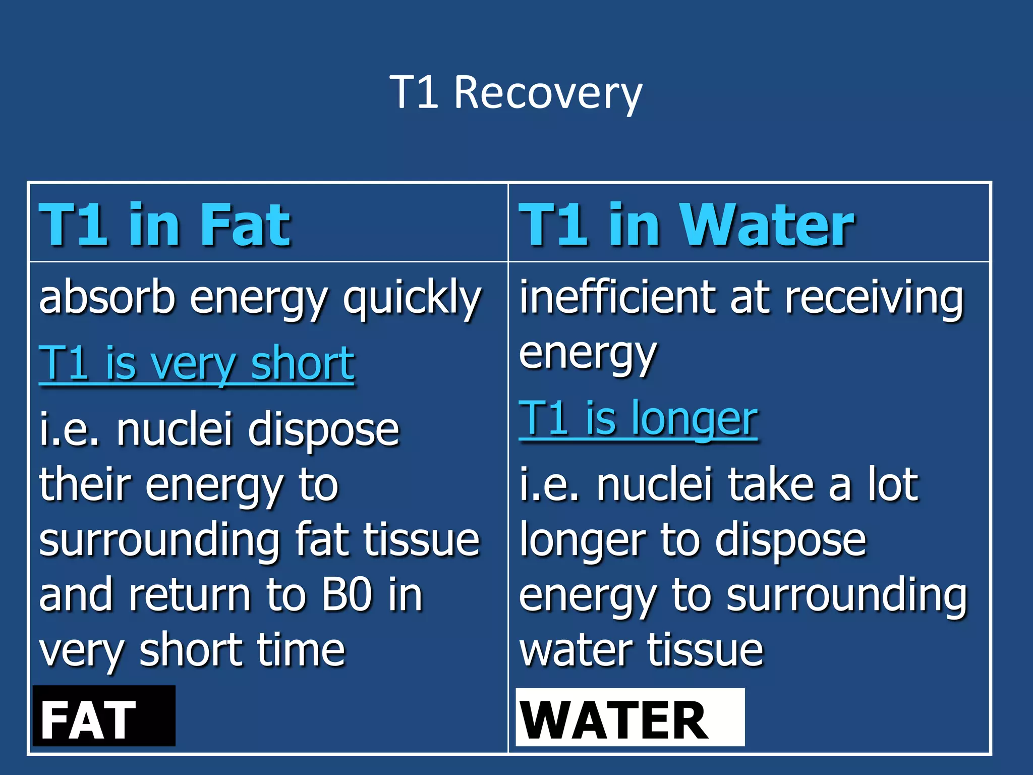 T1 Recovery

T1 in Fat

T1 in Water

absorb energy quickly
T1 is very short
i.e. nuclei dispose
their energy to
surrounding fat tissue
and return to B0 in
very short time

inefficient at receiving
energy
T1 is longer
i.e. nuclei take a lot
longer to dispose
energy to surrounding
water tissue

FAT

WATER

 