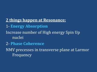 2 things happen at Resonance:
1- Energy Absorption
Increase number of High energy Spin Up
nuclei
2- Phase Coherence
NMV precesses in transverse plane at Larmor
Frequency

 