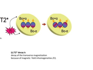 (c) T2* decay is
decay of the transverse magnetization
because of magnetic field inhomogeneities (Fi).
 