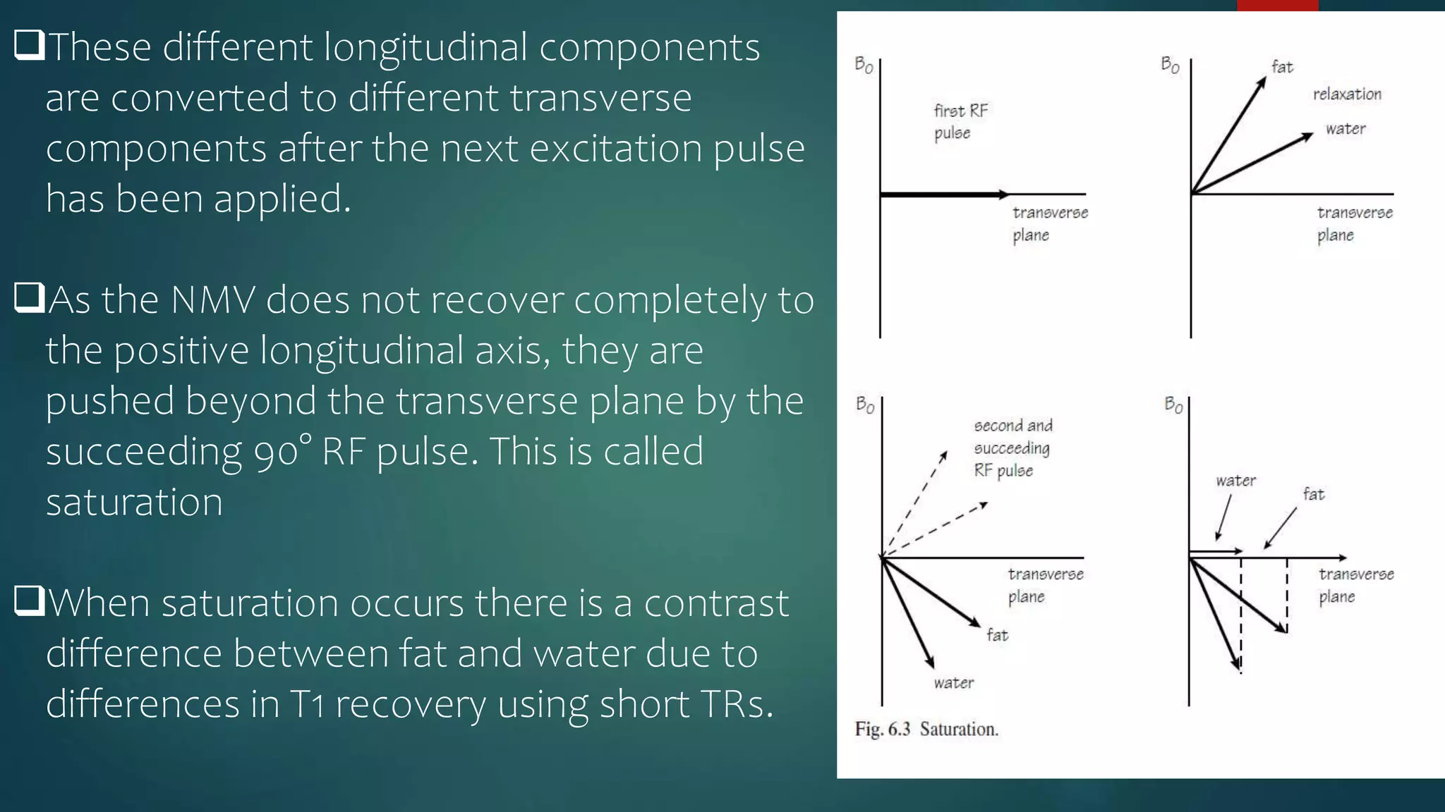 These different longitudinal components
are converted to different transverse
components after the next excitation pulse
has been applied.
As the NMV does not recover completely to
the positive longitudinal axis, they are
pushed beyond the transverse plane by the
succeeding 90° RF pulse. This is called
saturation
When saturation occurs there is a contrast
difference between fat and water due to
differences in T1 recovery using short TRs.
 