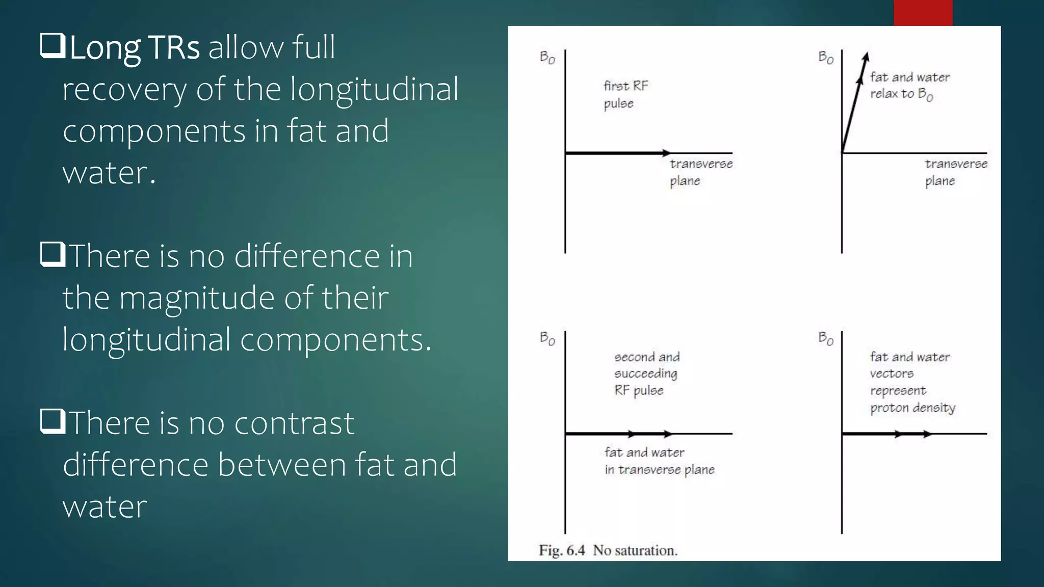 Long TRs allow full
recovery of the longitudinal
components in fat and
water.
There is no difference in
the magnitude of their
longitudinal components.
There is no contrast
difference between fat and
water
 