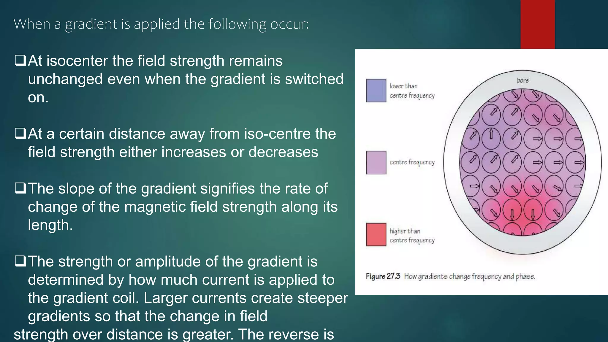 When a gradient is applied the following occur:
At isocenter the field strength remains
unchanged even when the gradient is switched
on.
At a certain distance away from iso-centre the
field strength either increases or decreases
The slope of the gradient signifies the rate of
change of the magnetic field strength along its
length.
The strength or amplitude of the gradient is
determined by how much current is applied to
the gradient coil. Larger currents create steeper
gradients so that the change in field
strength over distance is greater. The reverse is
 