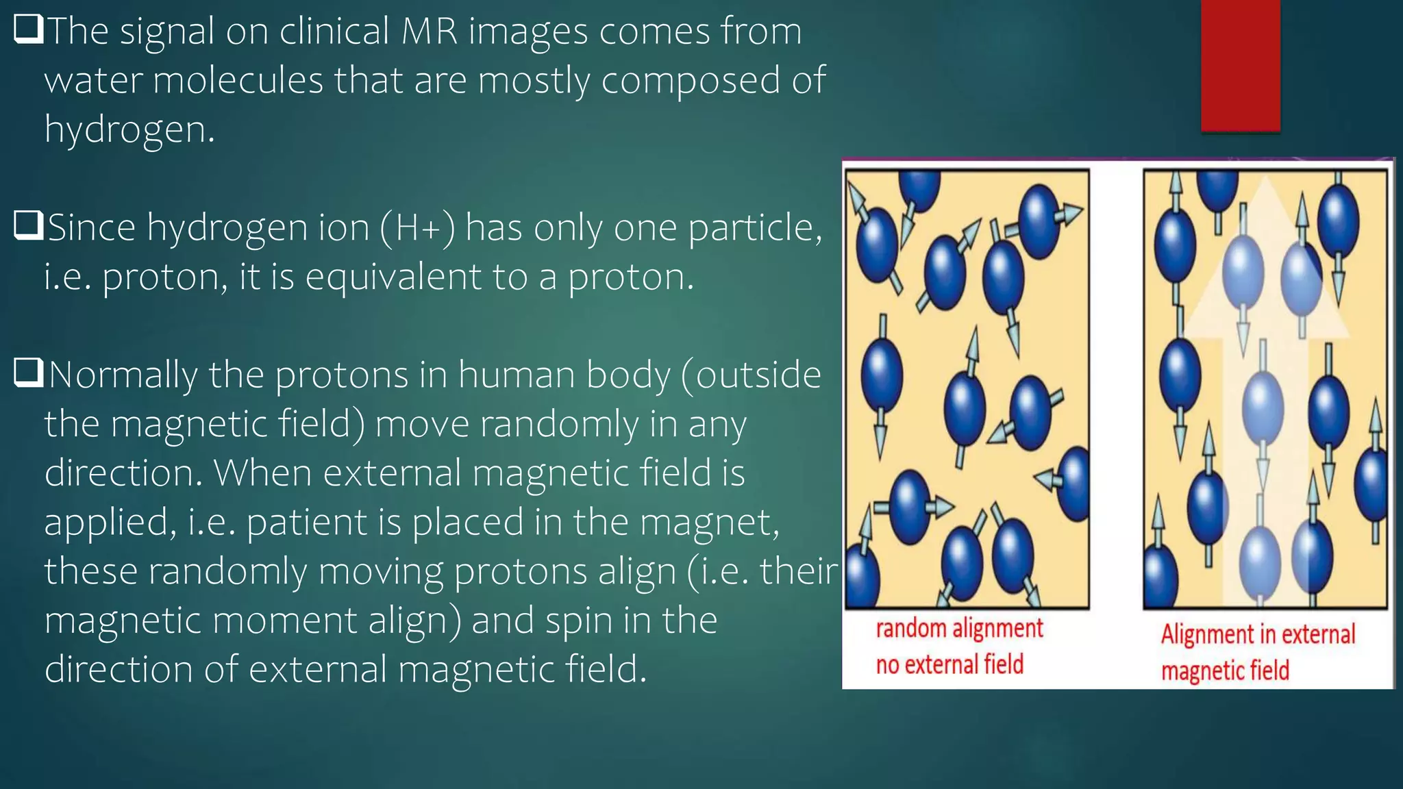 The signal on clinical MR images comes from
water molecules that are mostly composed of
hydrogen.
Since hydrogen ion (H+) has only one particle,
i.e. proton, it is equivalent to a proton.
Normally the protons in human body (outside
the magnetic field) move randomly in any
direction. When external magnetic field is
applied, i.e. patient is placed in the magnet,
these randomly moving protons align (i.e. their
magnetic moment align) and spin in the
direction of external magnetic field.
 