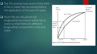  The TR controls how much of the NMV
in fat or water has recovered before
the application of the next RF pulse
 Short TRs do not permit full
longitudinal recovery in either fat or
water so that there are different
longitudinal components in fat and
water
 