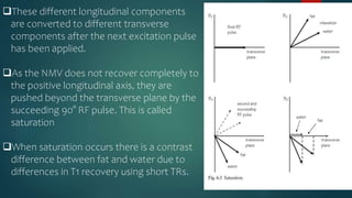 These different longitudinal components
are converted to different transverse
components after the next excitation pulse
has been applied.
As the NMV does not recover completely to
the positive longitudinal axis, they are
pushed beyond the transverse plane by the
succeeding 90° RF pulse. This is called
saturation
When saturation occurs there is a contrast
difference between fat and water due to
differences in T1 recovery using short TRs.
 