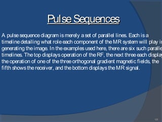 125
A pulsesequencediagram ismerely aset of parallel lines. Each isa
timelinedetailing what roleeach component of theMR system will play in
generating theimage. In theexamplesused here, therearesix such paralle
timelines. Thetop displaysoperation of theRF, thenext threeeach display
theoperation of oneof thethreeorthogonal gradient magnetic fields, the
fifth showsthereceiver, and thebottom displaystheMR signal.
PulseSequencesPulseSequences
 