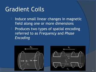 Gradient Coils
 Induce small linear changes in magnetic
field along one or more dimensions
 Produces two types of spatial encoding
referred to as Frequency and Phase
Encoding
86
 