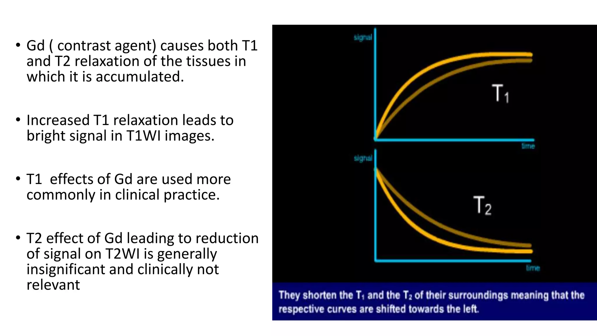 • Gd ( contrast agent) causes both T1
and T2 relaxation of the tissues in
which it is accumulated.
• Increased T1 relaxation leads to
bright signal in T1WI images.
• T1 effects of Gd are used more
commonly in clinical practice.
• T2 effect of Gd leading to reduction
of signal on T2WI is generally
insignificant and clinically not
relevant
 