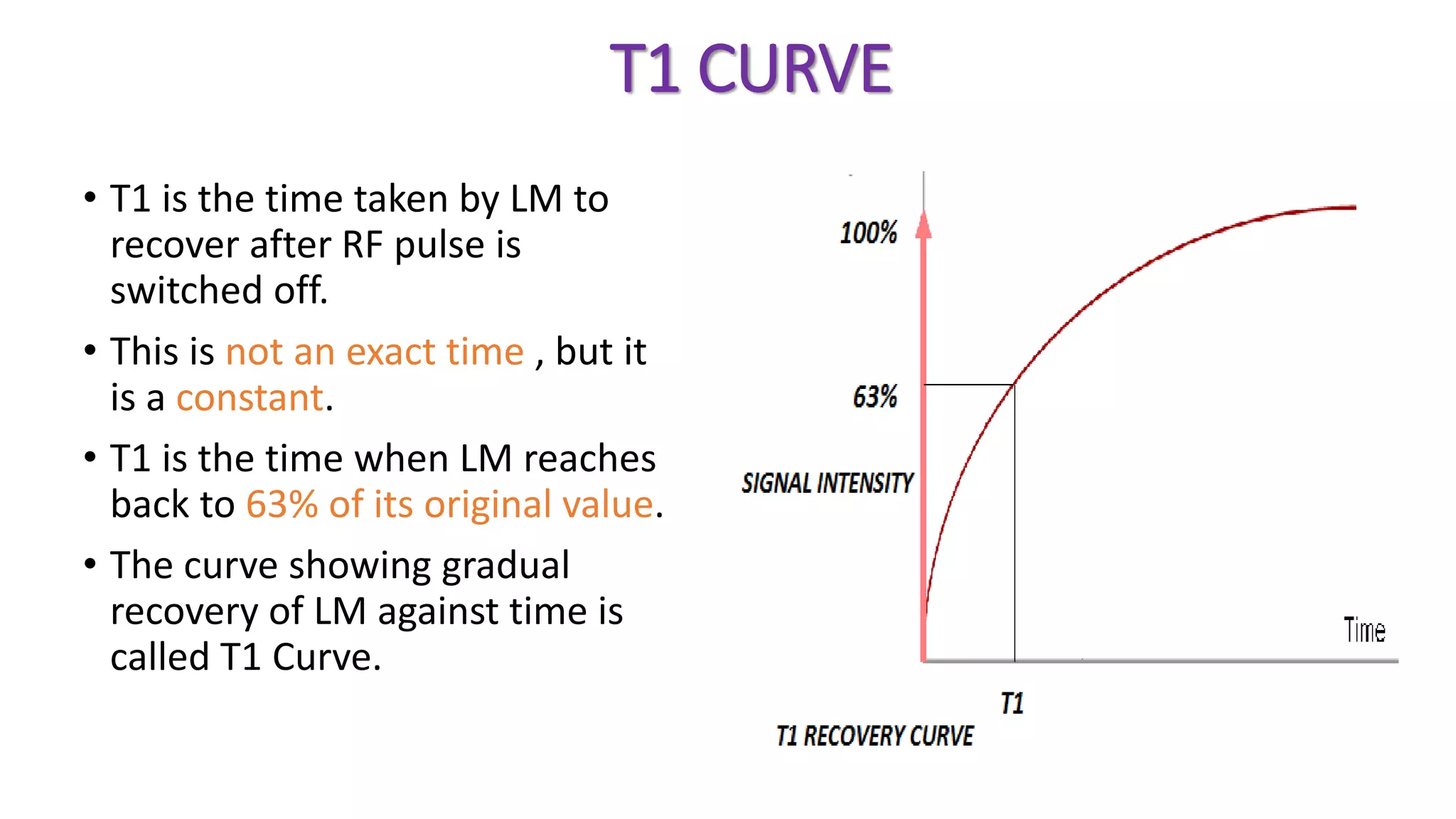T1 CURVE
• T1 is the time taken by LM to
recover after RF pulse is
switched off.
• This is not an exact time , but it
is a constant.
• T1 is the time when LM reaches
back to 63% of its original value.
• The curve showing gradual
recovery of LM against time is
called T1 Curve.
 