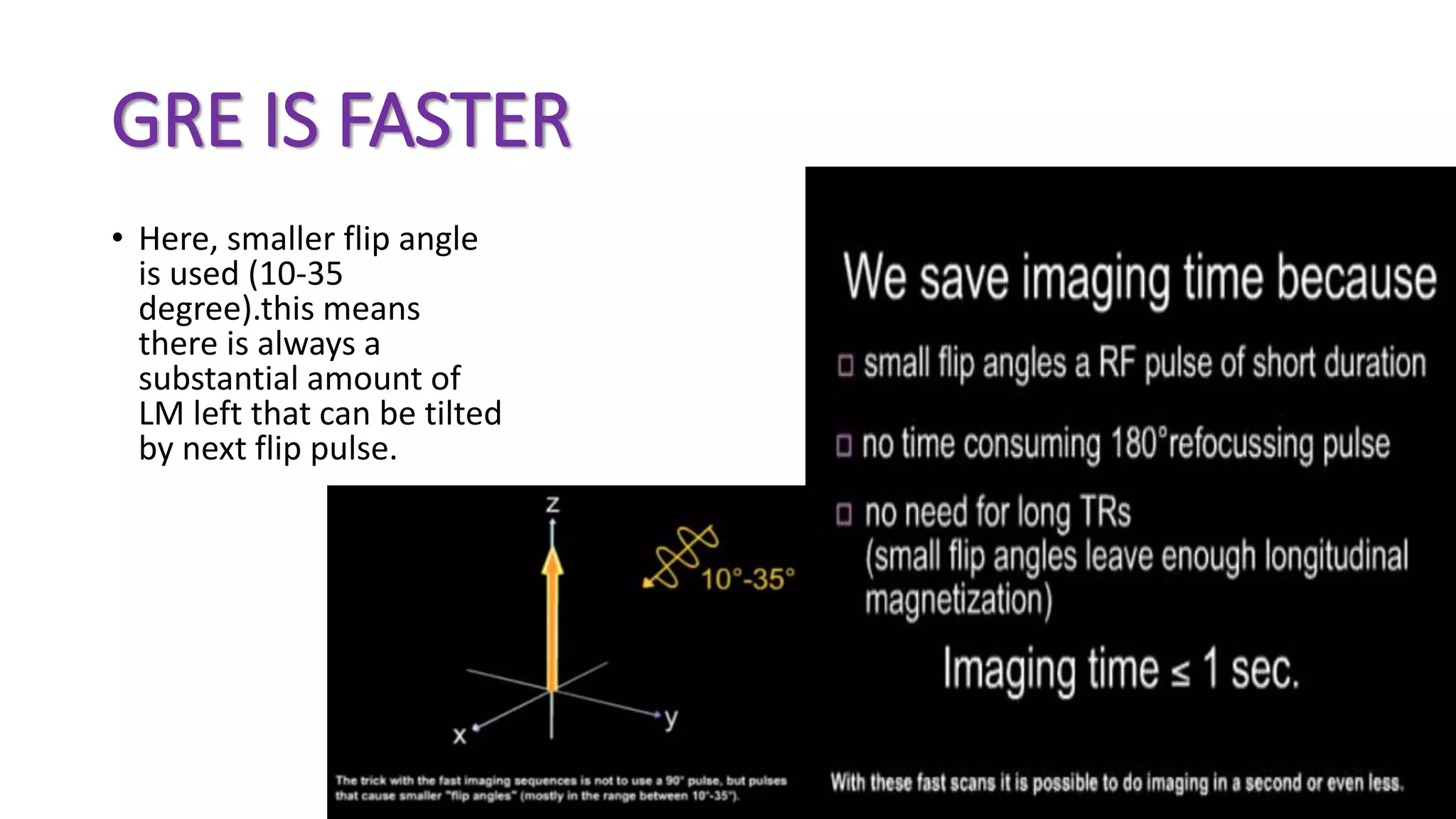 GRE IS FASTER
• Here, smaller flip angle
is used (10-35
degree).this means
there is always a
substantial amount of
LM left that can be tilted
by next flip pulse.
 