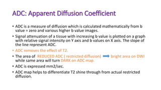 ADC: Apparent Diffusion Coefficient
• ADC is a measure of diffusion which is calculated mathematically from b
value = zero and various higher b value images.
• Signal attenuation of a tissue with increasing b value is plotted on a graph
with relative signal intensity on Y axis and b values on X axis. The slope of
the line represent ADC.
• ADC removes the effect of T2.
• The area of REDUCED ADC ( restricted diffusion) bright area on DWI
while same area will turn DARK on ADC map.
• ADC is expressed mm2/sec.
• ADC map helps to differentiate T2 shine through from actual restricted
diffusion.
 