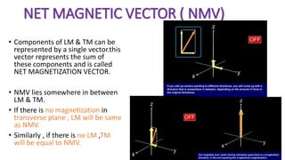 NET MAGNETIC VECTOR ( NMV)
• Components of LM & TM can be
represented by a single vector.this
vector represents the sum of
these components and is called
NET MAGNETIZATION VECTOR.
• NMV lies somewhere in between
LM & TM.
• If there is no magnetization in
transverse plane , LM will be same
as NMV.
• Similarly , if there is no LM ,TM
will be equal to NMV.
 