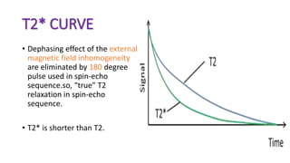 T2* CURVE
• Dephasing effect of the external
magnetic field inhomogeneity
are eliminated by 180 degree
pulse used in spin-echo
sequence.so, “true” T2
relaxation in spin-echo
sequence.
• T2* is shorter than T2.
 