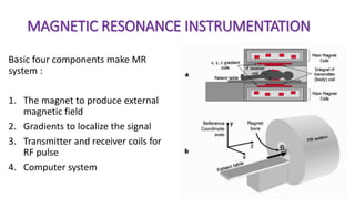 MAGNETIC RESONANCE INSTRUMENTATION
Basic four components make MR
system :
1. The magnet to produce external
magnetic field
2. Gradients to localize the signal
3. Transmitter and receiver coils for
RF pulse
4. Computer system
 