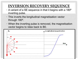 INVERSION RECOVERY SEQUENCE
• A variant of a SE sequence in that it begins with a 180º
inverting pulse.
• This inverts the longitudinal magnetisation vector
through 180º.
• When the inverting pulse is removed, the magnetisation
vector begins to relax back to B0.
 