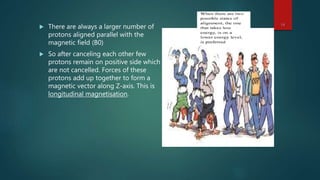  There are always a larger number of
protons aligned parallel with the
magnetic field (B0)
 So after canceling each other few
protons remain on positive side which
are not cancelled. Forces of these
protons add up together to form a
magnetic vector along Z-axis. This is
longitudinal magnetisation.
14
 