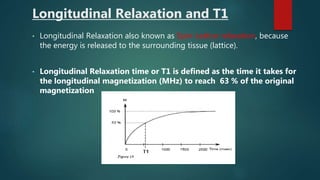 Longitudinal Relaxation and T1
• Longitudinal Relaxation also known as Spin-Lattice relaxation, because
the energy is released to the surrounding tissue (lattice).
• Longitudinal Relaxation time or T1 is defined as the time it takes for
the longitudinal magnetization (MHz) to reach 63 % of the original
magnetization
 