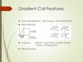 Gradient Coil Features
 Max. Strength(T/m) , Rise Time(s) , Slew Rate(T/m*s)
 Slice thickness
 K-Space: Center = Low Freq. contrast density
Outer = HF Resolution
 Filling K-Space
 