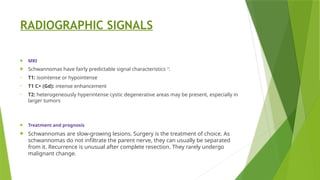RADIOGRAPHIC SIGNALS
 MRI
 Schwannomas have fairly predictable signal characteristics 7
:
• T1: isointense or hypointense
• T1 C+ (Gd): intense enhancement
• T2: heterogeneously hyperintense cystic degenerative areas may be present, especially in
larger tumors
 Treatment and prognosis
 Schwannomas are slow-growing lesions. Surgery is the treatment of choice. As
schwannomas do not infiltrate the parent nerve, they can usually be separated
from it. Recurrence is unusual after complete resection. They rarely undergo
malignant change.
 