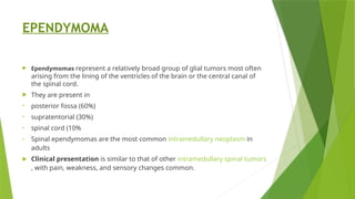 EPENDYMOMA
 Ependymomas represent a relatively broad group of glial tumors most often
arising from the lining of the ventricles of the brain or the central canal of
the spinal cord.
 They are present in
• posterior fossa (60%)
• supratentorial (30%)
• spinal cord (10%
• Spinal ependymomas are the most common intramedullary neoplasm in
adults
 Clinical presentation is similar to that of other intramedullary spinal tumors
, with pain, weakness, and sensory changes common.
 