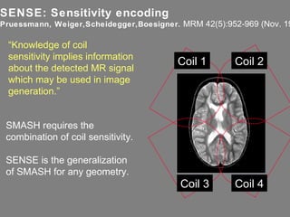 SENSE: Sensitivity encoding Pruessmann, Weiger,Scheidegger,Boesigner.  MRM 42(5):952-969 (Nov. 1999) “ Knowledge of coil  sensitivity implies information about the detected MR signal which may be used in image generation.” Coil 2 Coil 1 Coil 4 Coil 3 SMASH requires the  combination of coil sensitivity. SENSE is the generalization of SMASH for any geometry. 