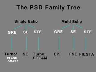 Single Echo Multi Echo GRE SE GRE SE STE STE Turbo* FLASH GRASS SE Turbo STEAM EPI FSE FIESTA The PSD Family Tree 