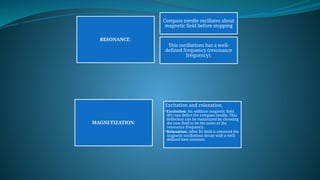 RESONANCE:
Compass needle oscillates about
magnetic field before stopping
This oscillations has a well-
defined frequency (resonance
frequency).
MAGNETIZATION:
Excitation and relaxation.
•Excitation: An addition magnetic field
(B1) can defect the compass needle. This
deflection can be maximized by choosing
the new field to be the same as the
resonance frequency.
•Relaxation: After B1 field is removed the
magnetic oscillations decay with a well-
defined time constant.
 