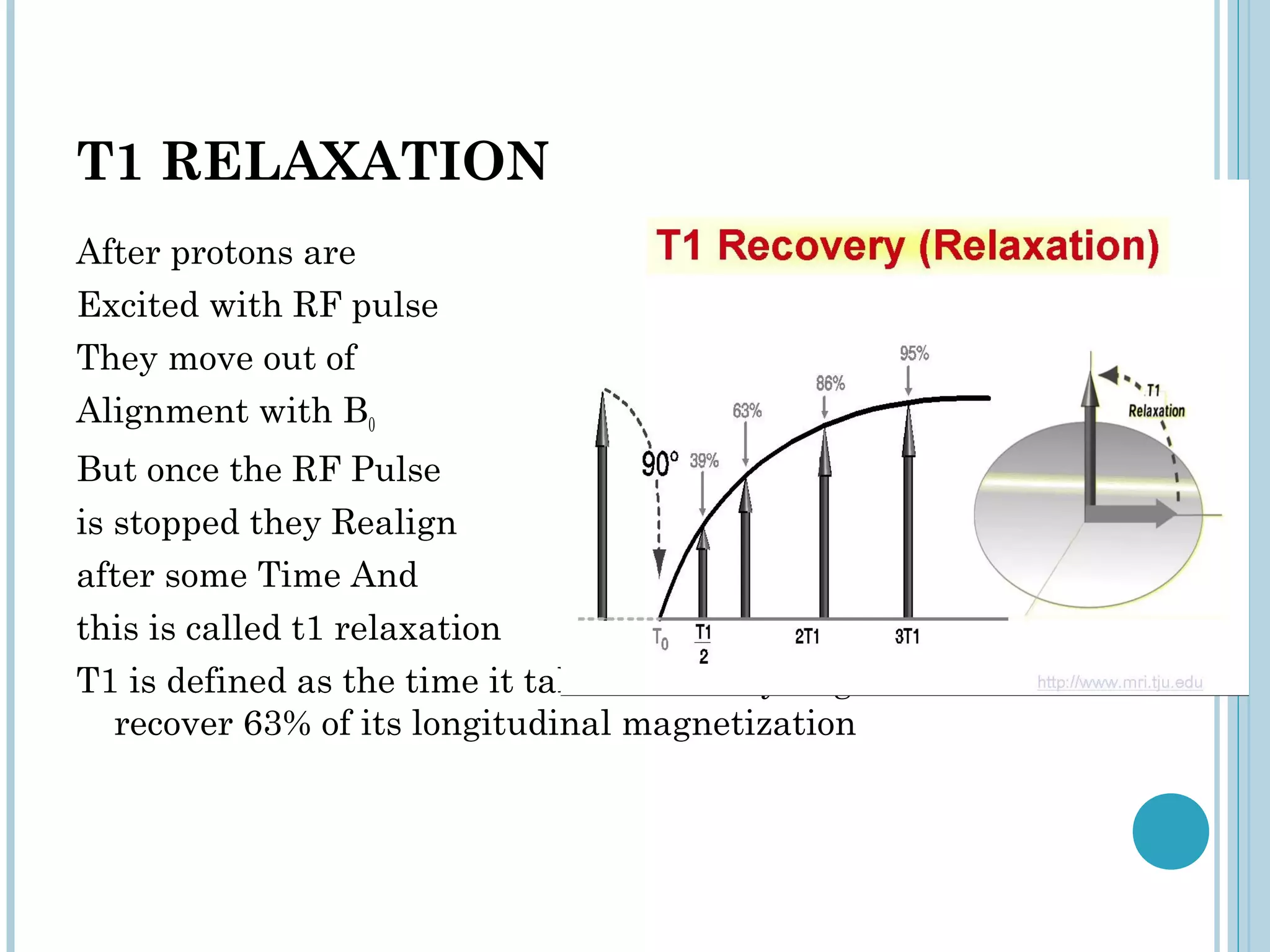 T1 RELAXATION
After protons are
Excited with RF pulse
They move out of
Alignment with B0
But once the RF Pulse
is stopped they Realign
after some Time And
this is called t1 relaxation
T1 is defined as the time it takes for the hydrogen nucleus to
   recover 63% of its longitudinal magnetization
 