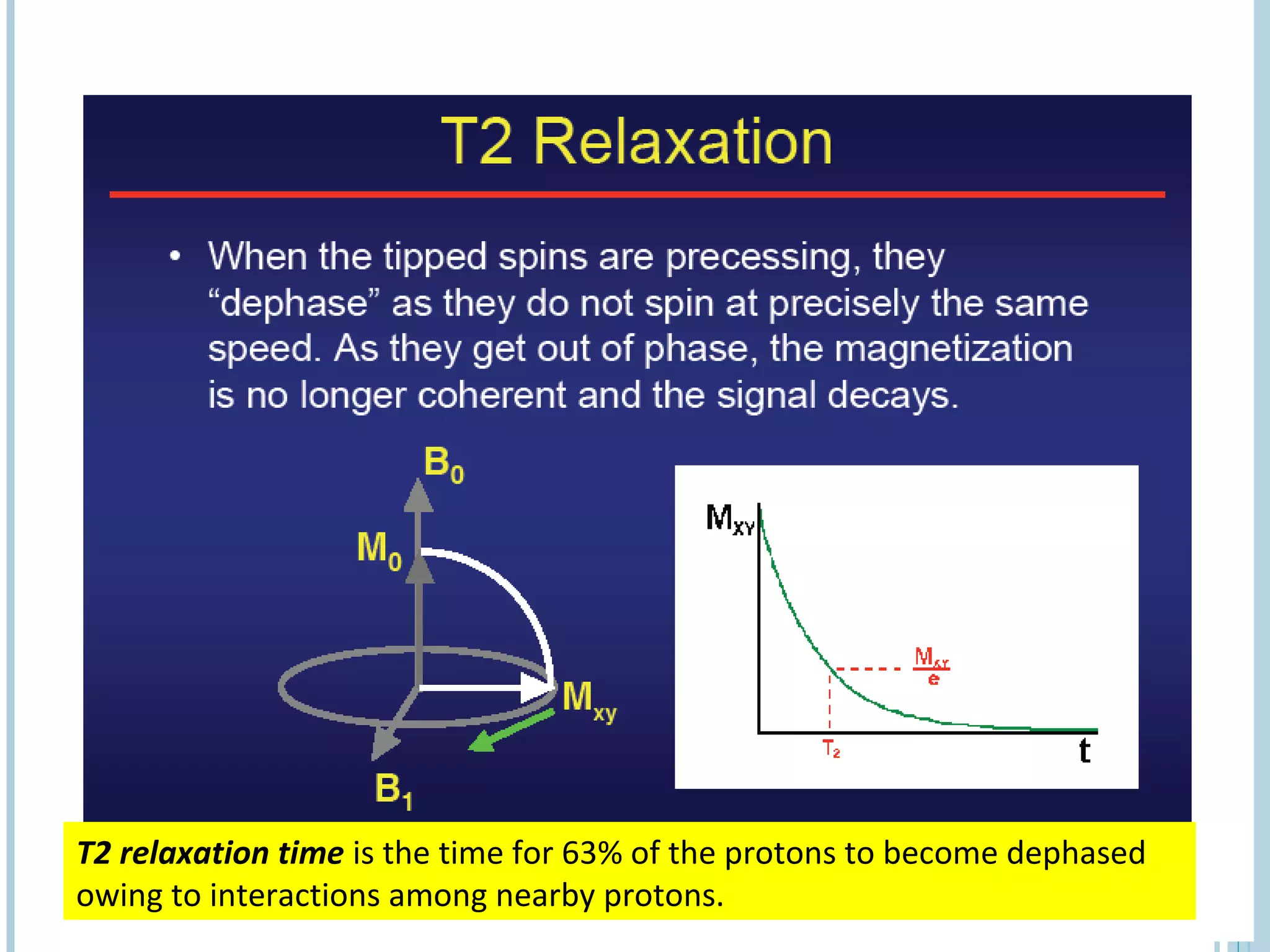 T2 relaxation time is the time for 63% of the protons to become dephased
owing to interactions among nearby protons.
 