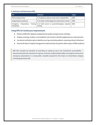 MRI Technician Excellence Manual Dr J L Meena
MRI Technician Excellence Manual – Dr J L Meena | Page 46
5. Outcome and Governance KPIs
KPI Definition Target
RCA Completion Rate % of significant adverse events with completed RCA 100%
Image Quality Compliance % of studies verified diagnostic-quality before release 100%
Emergency Preparedness Training
Compliance
% of staff current on quench/emergency response
training
100%
Using KPIs for Continuous Improvement
● Review all MRI KPIs regularly at departmental quality and governance meetings.
● Analyse screening, incident, and completion rate trends to identify targeted process improvements.
● Use device verification data to identify recurring uncertainty patterns requiring protocol refinement.
● Present KPI data to hospital management to demonstrate the patient safety impact of MRI excellence.
MRI KPIs translate the discipline of controlling an always-on force into institutional accountability —
demonstrating that the investment in rigorous screening, verified implant safety, and magnet-environment
emergency preparedness is a measurable, trackable programme that keeps an extraordinary imaging
technology genuinely safe.
 