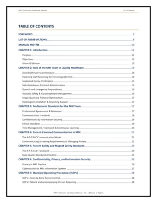 MRI Technician Excellence Manual Dr J L Meena
MRI Technician Excellence Manual – Dr J L Meena | Page 5
TABLE OF CONTENTS
FOREWORD............................................................................................................................................3
LIST OF ABBREVIATIONS........................................................................................................................8
MANUAL MOTTO.................................................................................................................................10
CHAPTER 1: Introduction.....................................................................................................................11
Purpose...........................................................................................................................................................11
Objectives .......................................................................................................................................................12
Vision & Mission .............................................................................................................................................13
CHAPTER 2: Role of the MRI Team in Quality Healthcare..................................................................14
Zoned MRI Safety Architecture.......................................................................................................................14
Patient & Staff Screening for Ferromagnetic Risk...........................................................................................14
Implanted Device Verification ........................................................................................................................15
Safe Gadolinium Contrast Administration......................................................................................................15
Quench and Emergency Preparedness...........................................................................................................16
Acoustic Safety & Claustrophobia Management............................................................................................16
Image Quality & Protocol Optimization..........................................................................................................17
Radiologist Correlation & Reporting Support.................................................................................................17
CHAPTER 3: Professional Standards for the MRI Team......................................................................17
Professional Appearance & Behaviour ...........................................................................................................17
Communication Standards .............................................................................................................................18
Confidentiality & Information Security...........................................................................................................19
Ethical Standards ............................................................................................................................................19
Time Management, Teamwork & Continuous Learning.................................................................................20
CHAPTER 4: Patient-Centered Communication in MRI.......................................................................21
The A-T-C-R-C Communication Model............................................................................................................21
Communicating Screening Requirements & Managing Anxiety.....................................................................22
CHAPTER 5: Patient Safety and Magnet Safety Standards.................................................................23
The R-T-A-C-A Framework ..............................................................................................................................23
Daily Quality Standards Checklist ...................................................................................................................25
CHAPTER 6: Confidentiality, Privacy, and Information Security ........................................................26
Privacy in MRI Practice ...................................................................................................................................26
Cybersecurity of MRI Information Systems ....................................................................................................27
CHAPTER 7: Standard Operating Procedures (SOPs)..........................................................................28
SOP 1: Zone-by-Zone Access Control..............................................................................................................28
SOP 2: Patient and Accompanying Person Screening.....................................................................................28
 