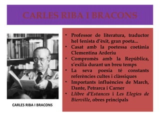 CARLES RIBA I BRACONS

                        • Professor de literatura, traductor
                          hel·lenista d’èxit, gran poeta...
                        • Casat amb la poetessa coetània
                          Clementina Arderiu
                        • Compromès amb la República,
                          s’exilia durant un breu temps
                        • La seva poesia té constants
                          referències cultes i clàssiques
                        • Importants influències de March,
                          Dante, Petrarca i Carner
                        • Llibre d’Estances i Les Elegies de
                          Bierville, obres principals
CARLES RIBA I BRACONS
 