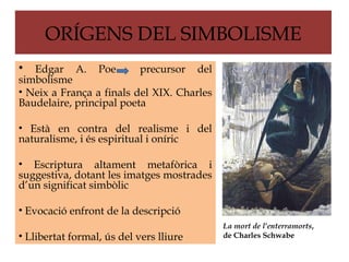 ORÍGENS DEL SIMBOLISME
• Edgar A. Poe              precursor    del
simbolisme
• Neix a França a finals del XIX. Charles
Baudelaire, principal poeta

• Està en contra del realisme i del
naturalisme, i és espiritual i oníric

• Escriptura altament metafòrica i
suggestiva, dotant les imatges mostrades
d’un significat simbòlic

• Evocació enfront de la descripció
                                               La mort de l’enterramorts,
• Llibertat formal, ús del vers lliure         de Charles Schwabe
 